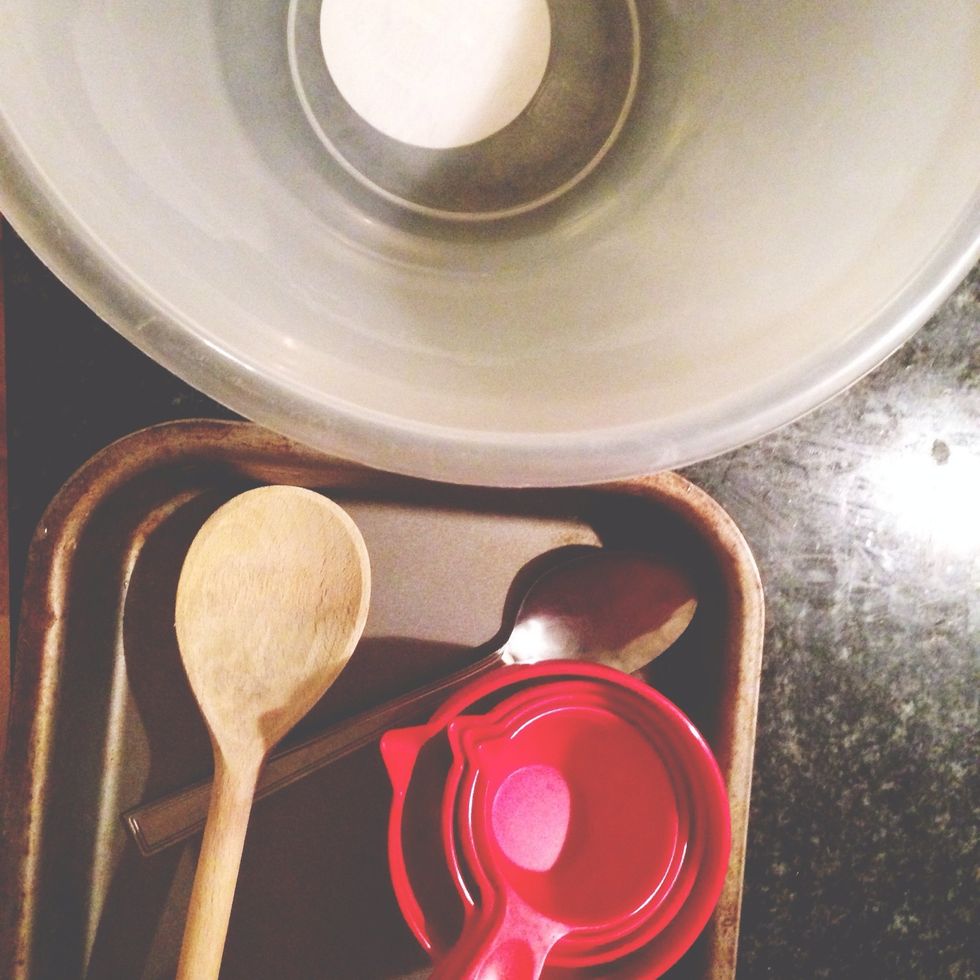 Tools: bowl, ladle, measuring cups. Tablespoon, baking tray