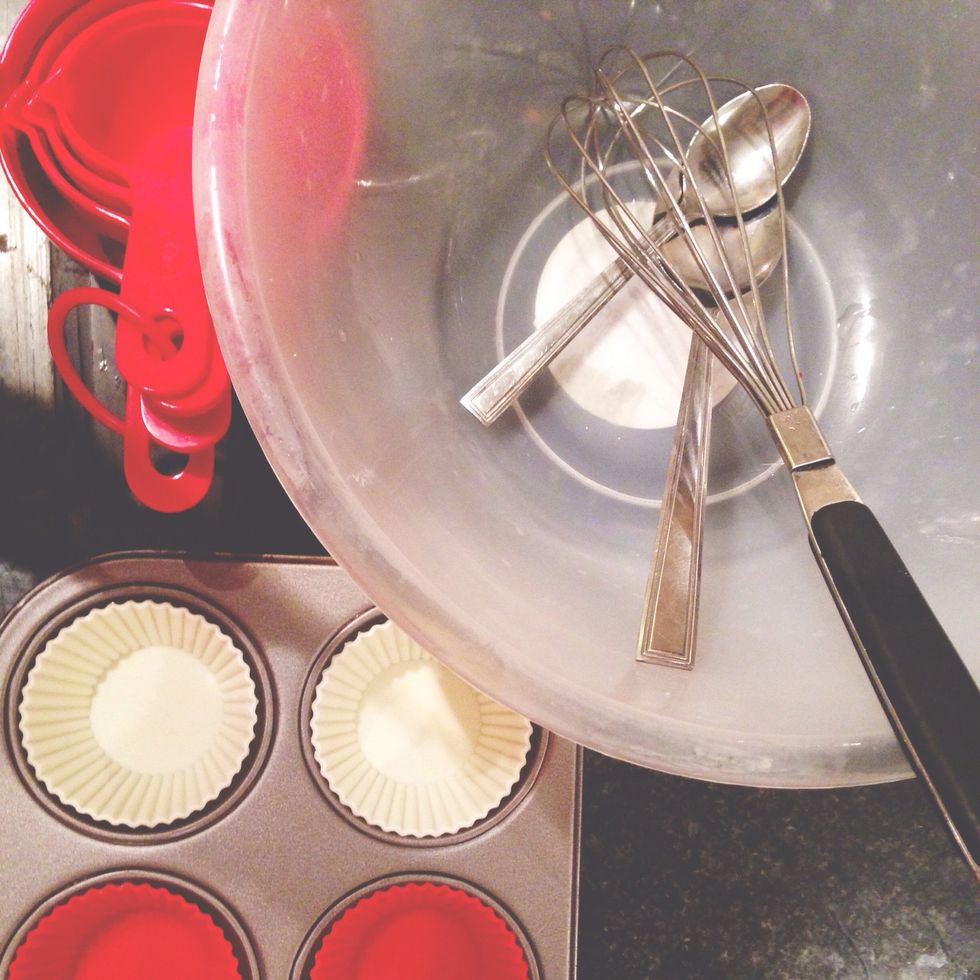 Tools: bowl, tablespoon, fork, teaspoon, measuring cups, whisk, muffin tray (baking cups if you have)