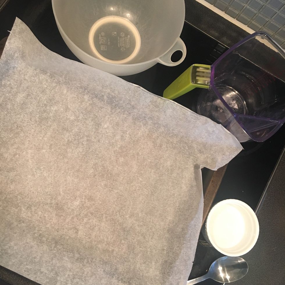 Tools: bowl, tablespoon, teaspoon, baking tray, baking paper, measuring jug.
