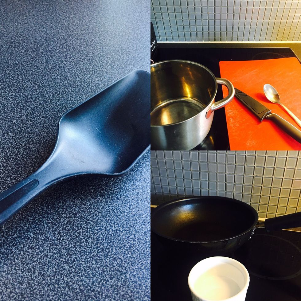 Tools. Casserole, spatula, frying pan, chopping board, tablespoon , drain