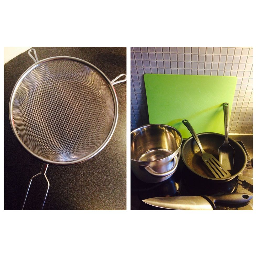 Tools: chopping board, casserole, knife, tablespoon, frying pan, 2x spatulas, drain