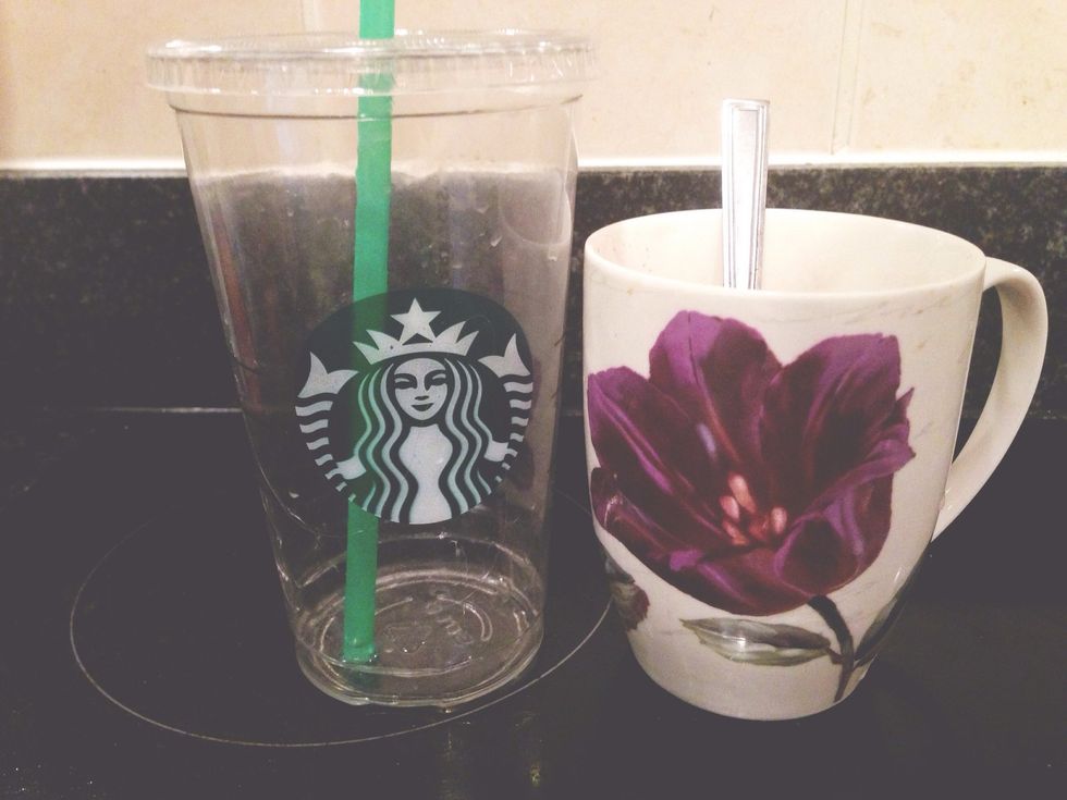 Tools: teaspoon, mug, plastic cup, straw (small sauce pan for the water if you don't have a water boiler)