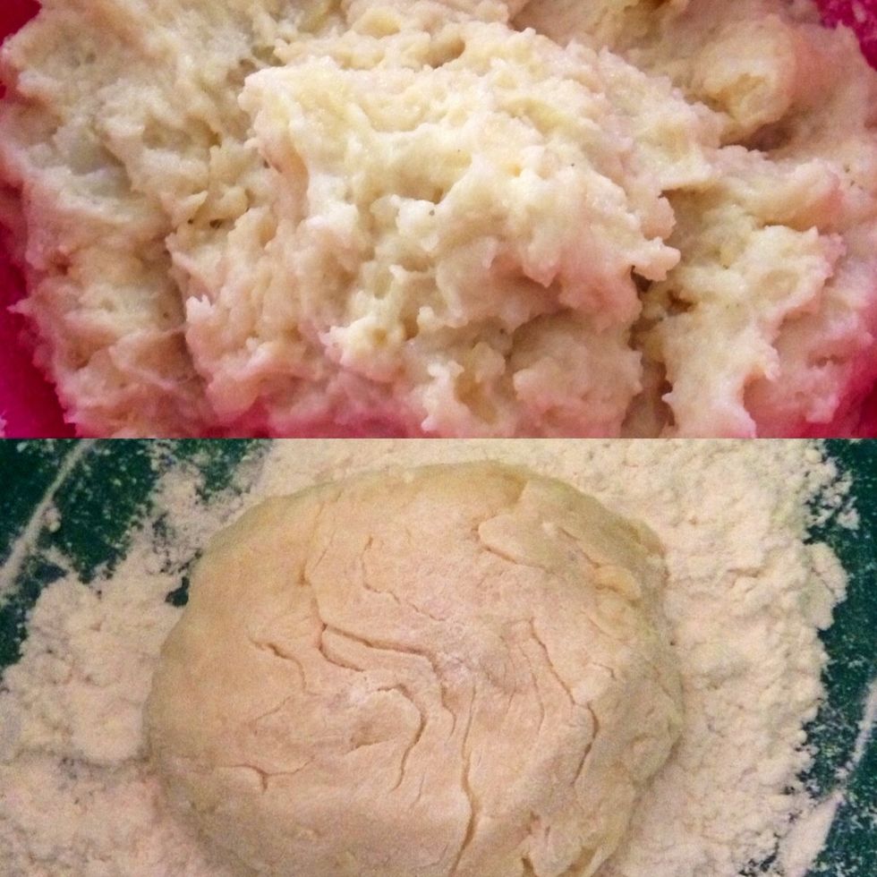 Top : Add one raw egg and 1/2 cup of flour and mix Bottom : scoop a portion of mashed potato then drop it in a bowl of flour