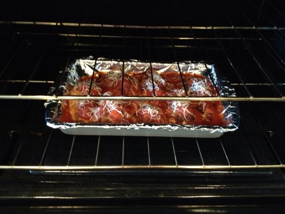 Top chicken with spaghetti sauce and some mozzarella if you like it ;) bake for 30 min.