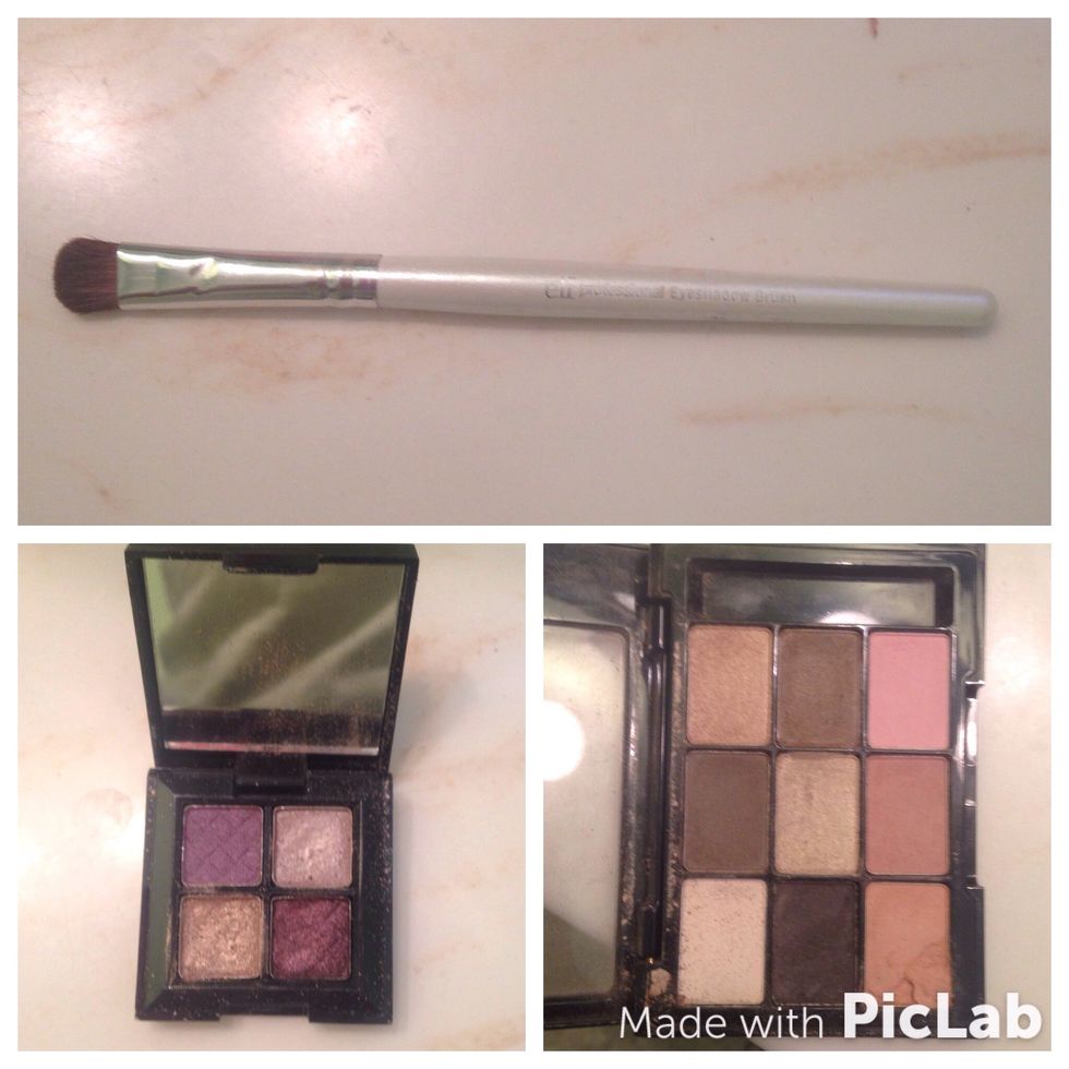 Top: elf professional eyeshadow brush Left: sweet and shimmer eyeshadow pallet Right: nyx love in Paris eyeshadow palette from ulta