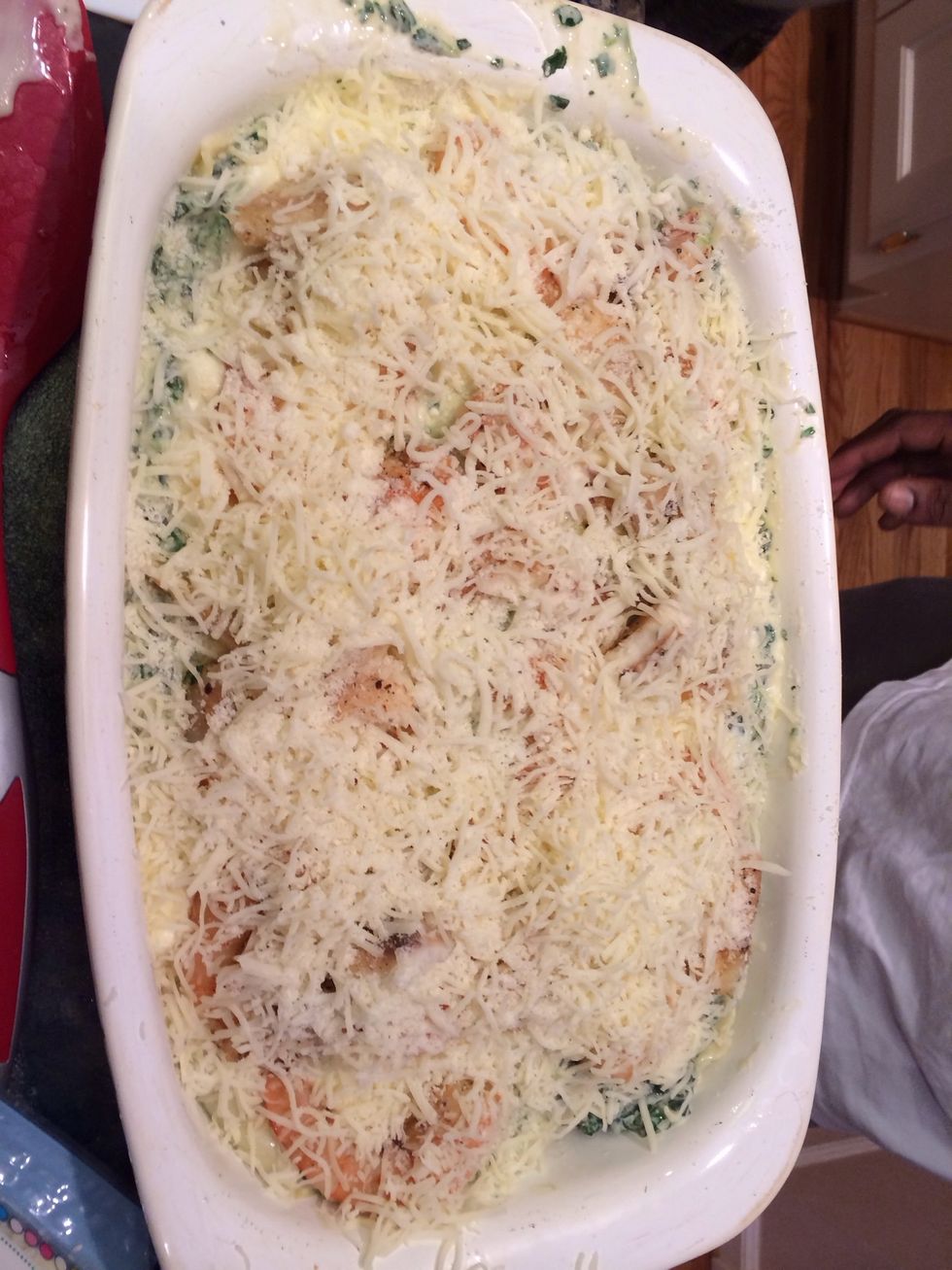 top layer add cheese and parmesean cheese.. cover and cook for 20 min covered..