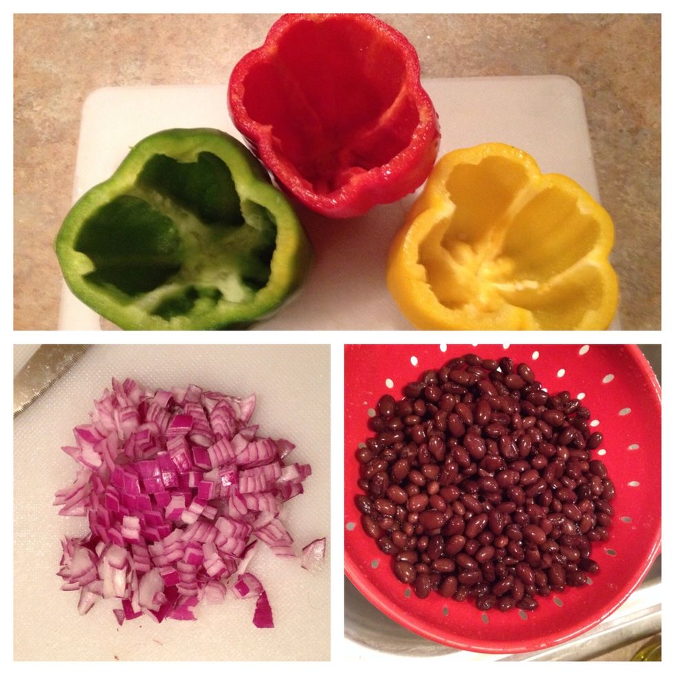(Top picture) Cut the tops off and remove seeds from peppers. (Bottom left) Chop onion. (Bottom right) Drain and rinse black beans.