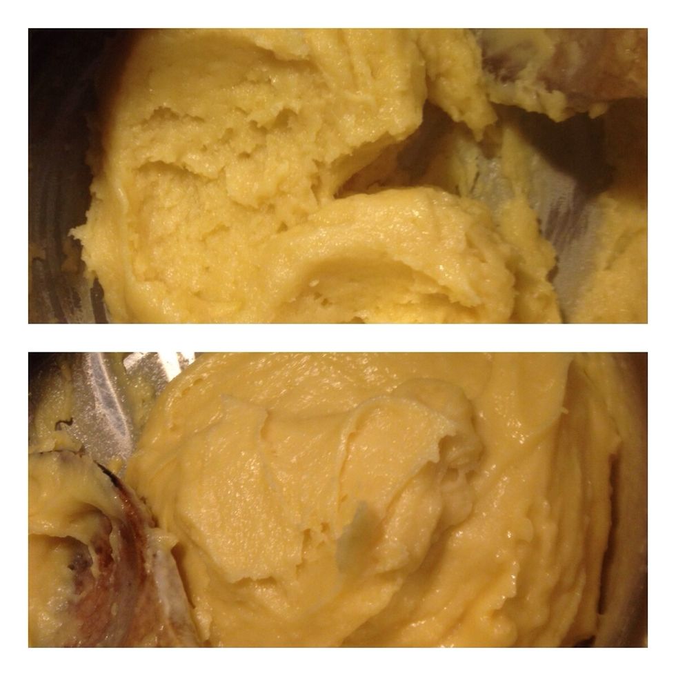 Top picture shows the dough after the second egg. The dough is a bit gritty and does not shine. Bottom picture shows the dough after the third egg. It is now smooth and shiny. I only needed 3 eggs.