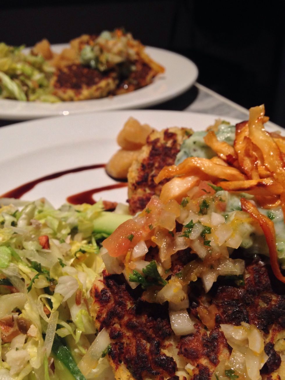 Top the lot with the celeriac chips and don't be shy with the salsa and tzatziki.