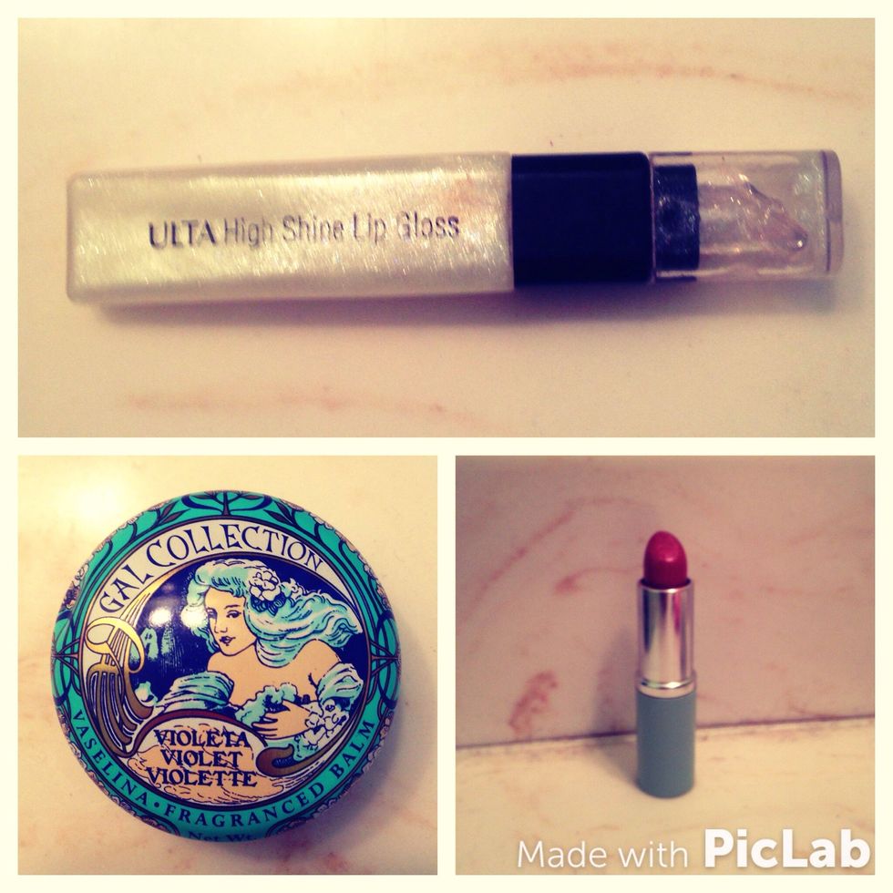 Top: ulta high shine lip gloss Left: Vaselina gal collection violet lip balm Right: Clinique pink beach lipstick