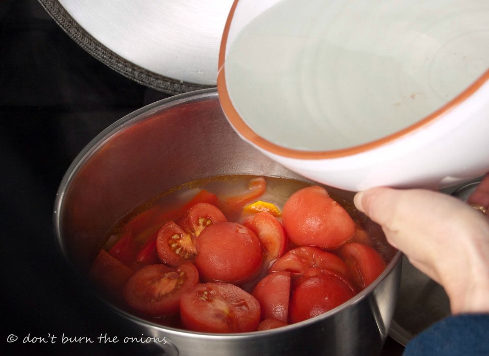 Top up the pan with sufficient water to cover the tomatoes. (I use the same water they were steeped in as it's still warm and got some tomato flavour!) Return pan to cooker for a further 20 minutes.
