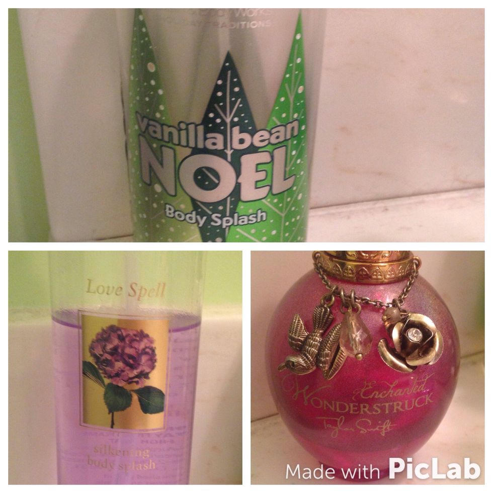 Top: vanilla bean Noel from bath and body works Left: love spell also from bath and body works Right: enchanted by Taylor swift from belks