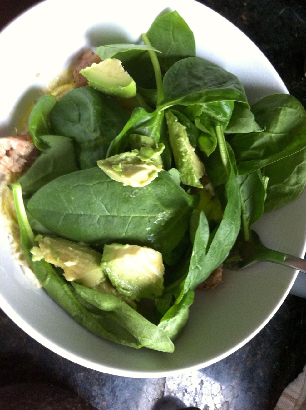 Top with a handful of spinach. I like to add avocado, salsa or chicken sausage depending on my mood.