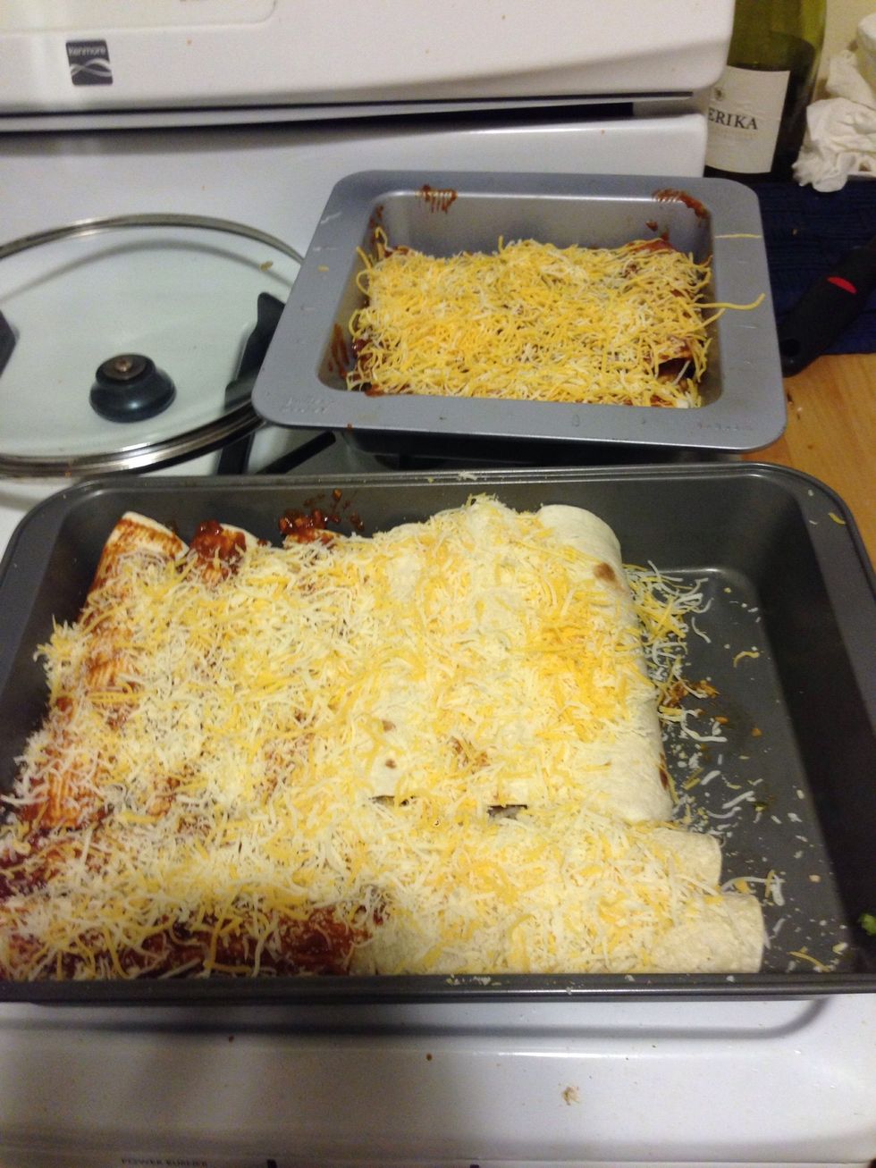 Top with as much Mexican cheese as you would like. (I really like cheese). I also had to split the enchiladas into spicy and normal since I added in cayenne to the sauce later. ^_^