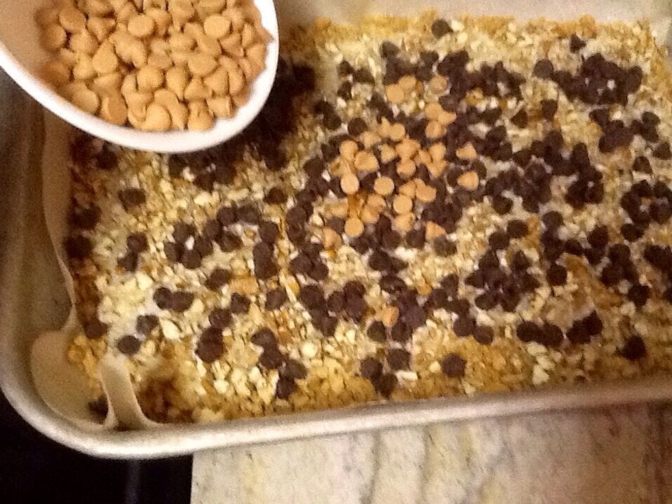 Top with butterscotch morsels.  If you are using coconut flakes, sprinkle these on last.