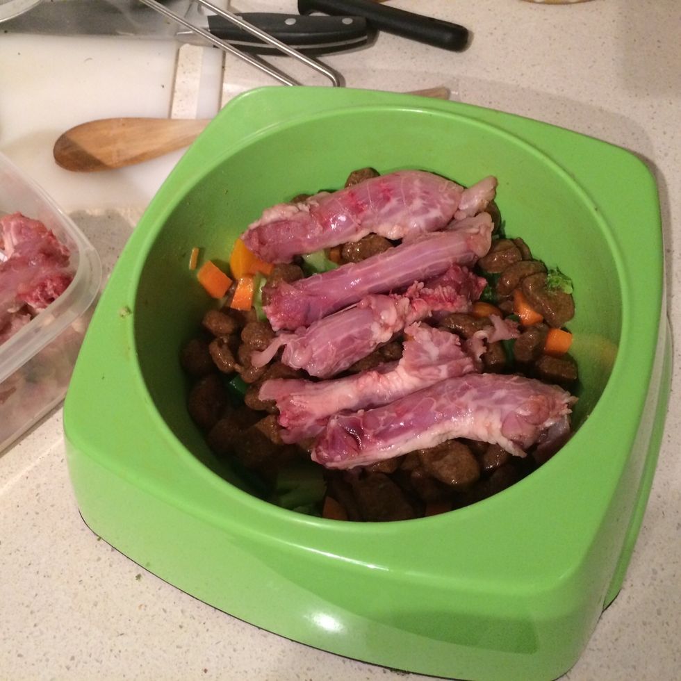 Top with chicken necks or another gross looking meat that your dog will love you for! \ud83d\ude04 These are also good for their digestive system as the cartilage gives a healthy massage on the way through.