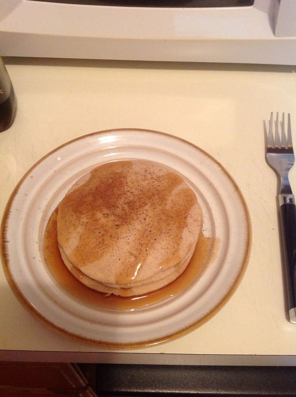 Top with desired syrup and sprinkle with cinnamon. Whip cream would be a good addition as well.