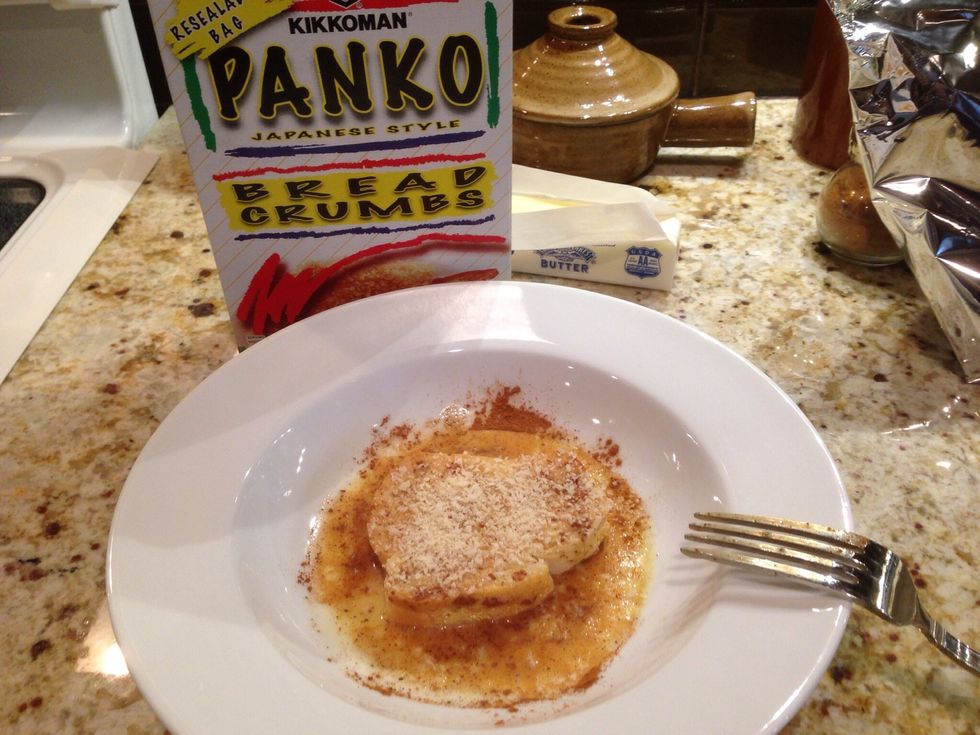 Top with Panko bread crumbs prior to frying. These crumbs make French toast a gourmet dish with a candied crispness.