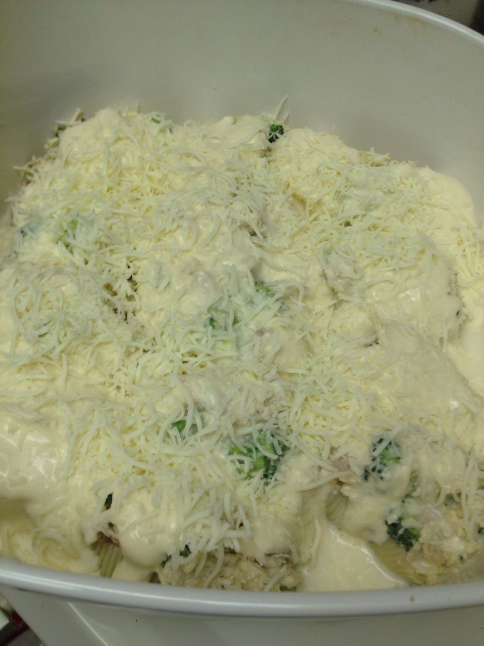 Top with shredded cheese. Cover & Bake at 400 for 30 minutes.