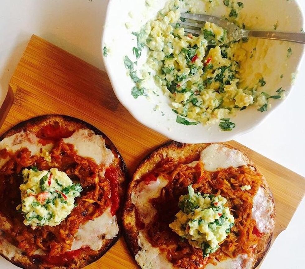 Topping idea 2: Pan fried purple cabbage with homemade taco seasoning, tofu cheese, tomato sauce and guacamole