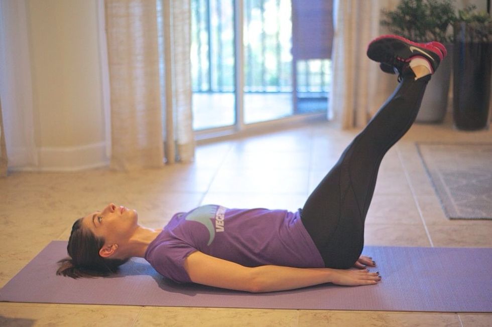 Tornado: Rotate legs to the left, then back to starting. Your legs should go in a circle, the bigger the circle, the more the workout.