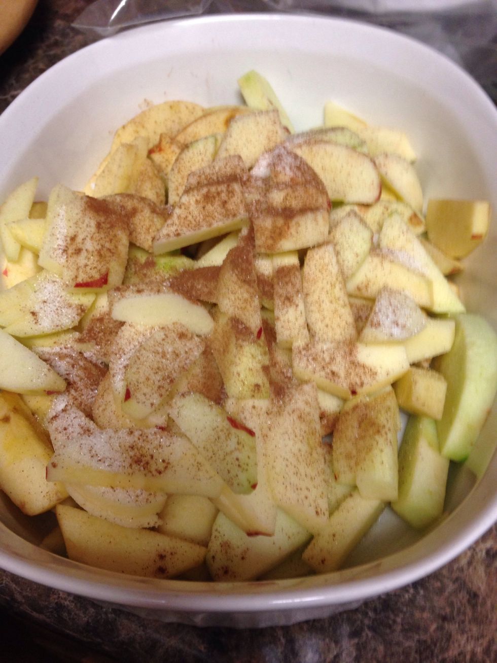 Toss apples with Tbsp granulated sugar and lemon juice. I added more cinnamon because I love it.