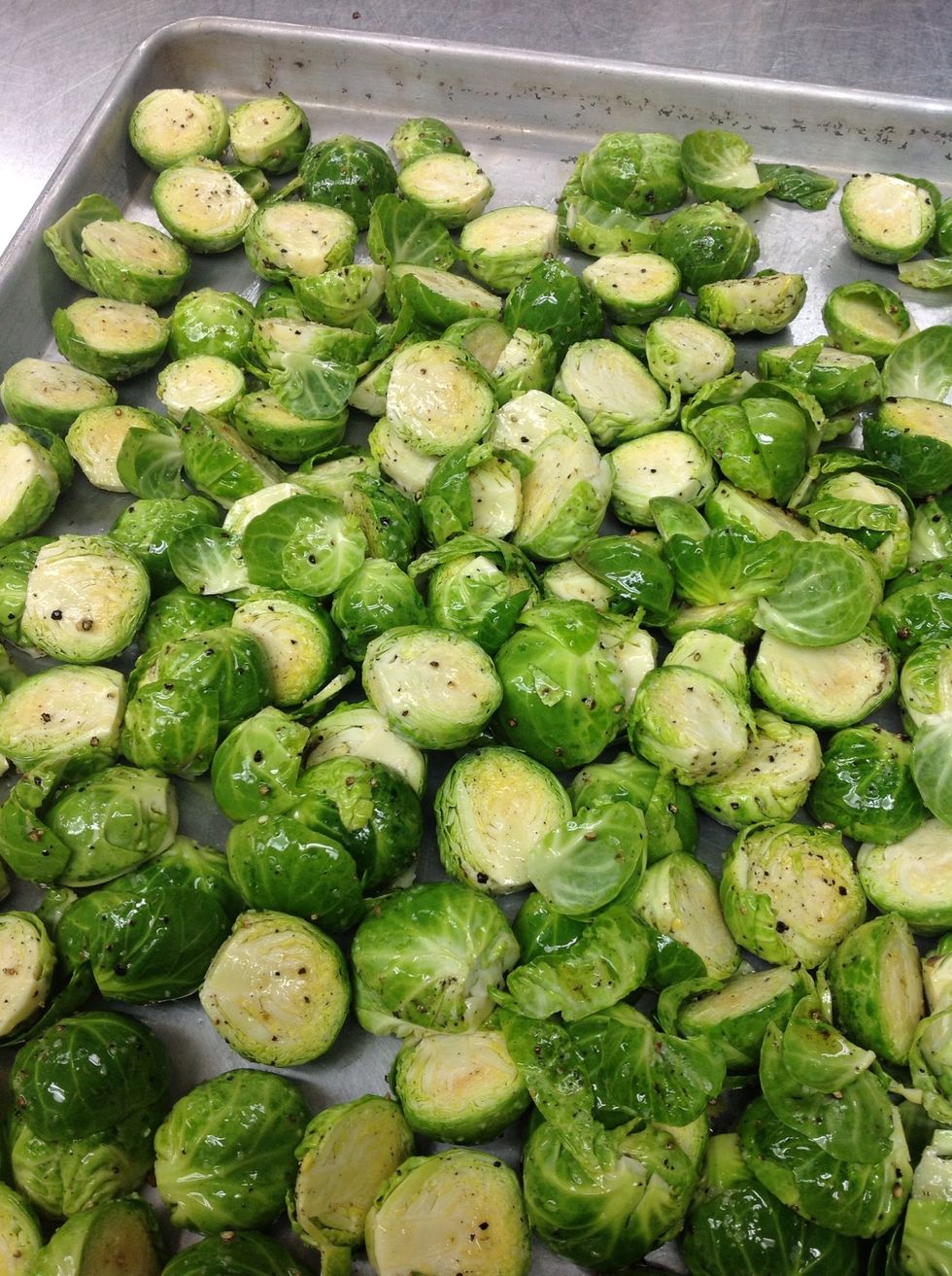 Toss Brussels sprouts with oil, salt and pepper