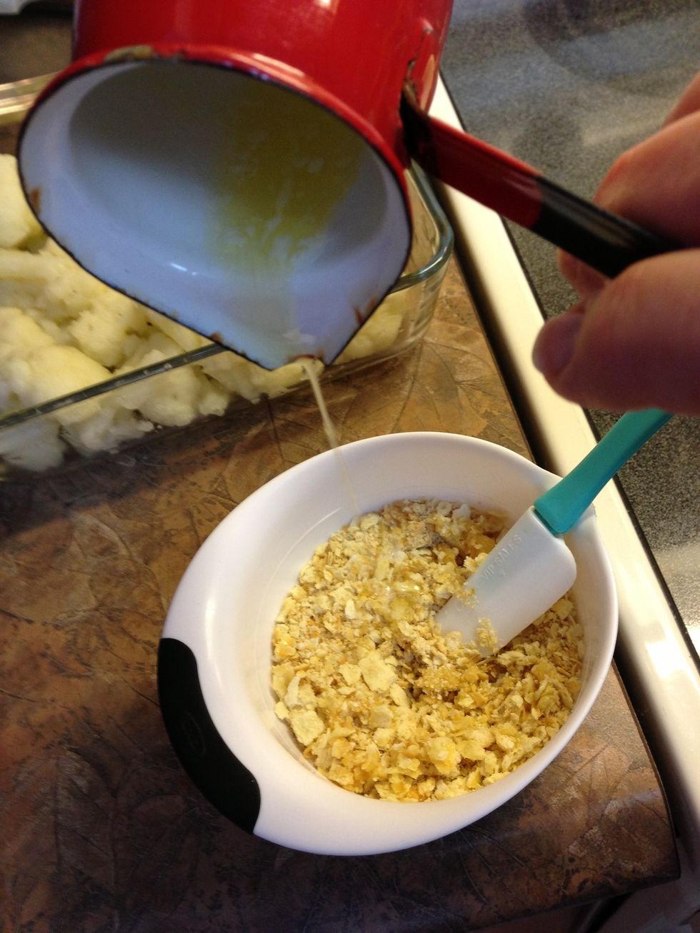 Toss cracker crumbs with melted butter. (I use a mix of Saltines & Ritz crushed COARSELY)
