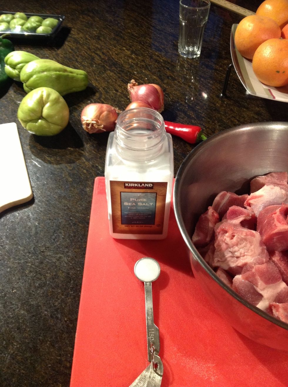Toss cubed pork with 1 tsp sea salt.