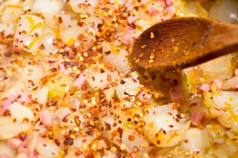 Toss in the chili flakes. You could add these earlier in the process, I just didn't think about until this stage.