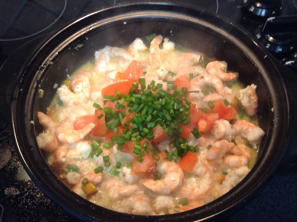 Toss in the chopped tomato, ~1/4 cup chopped green onions.