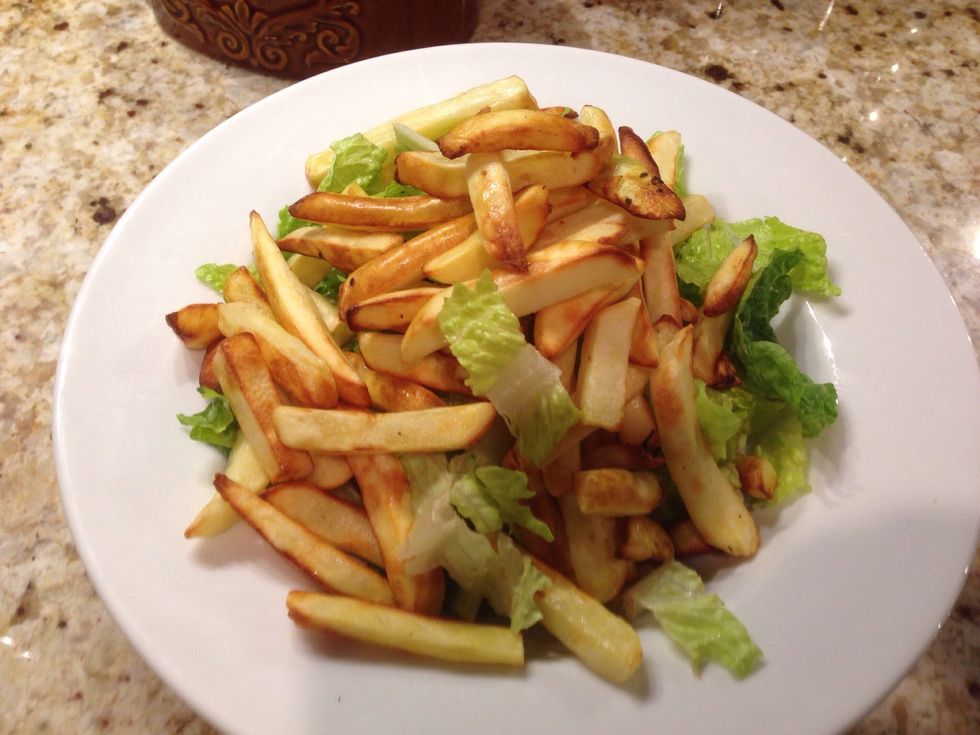 Toss on the French fries. (These are air fried.)