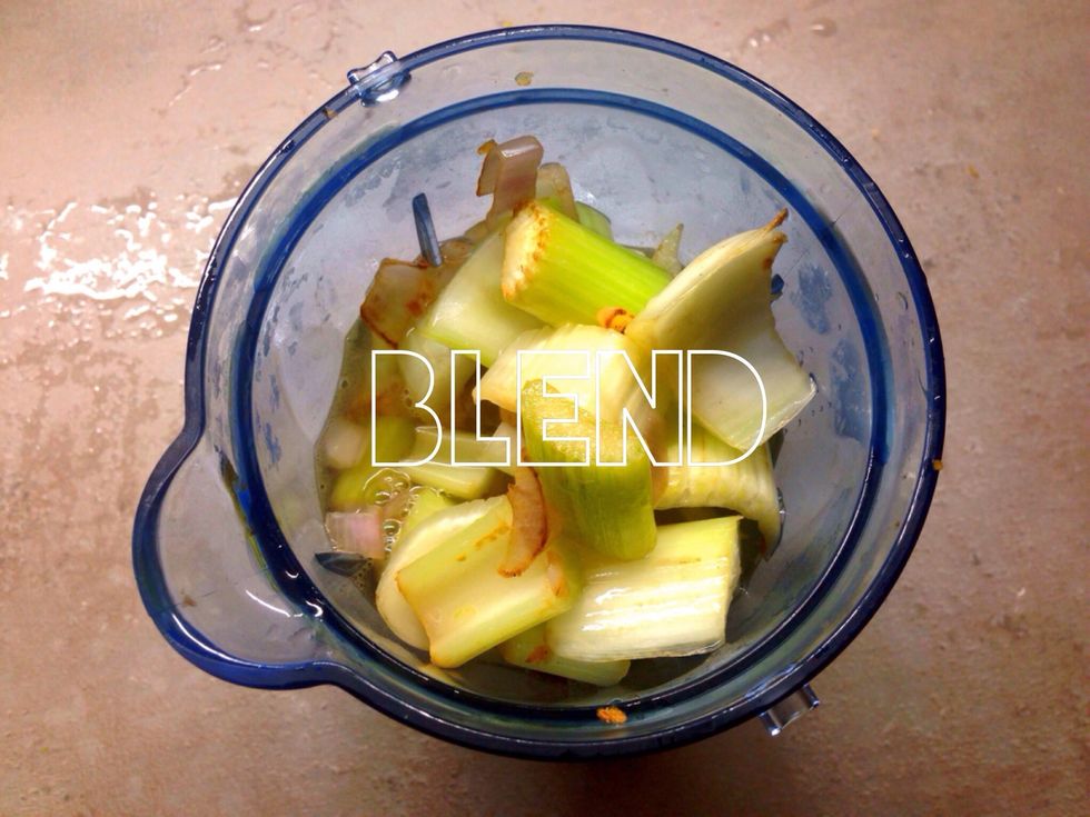 Toss the cooked ingredients into your blender. Add a chunk of Parmasan rind. Blend until it reaches the texture you like. I like it very fine and creamy but my boyfriend likes it chunky :)