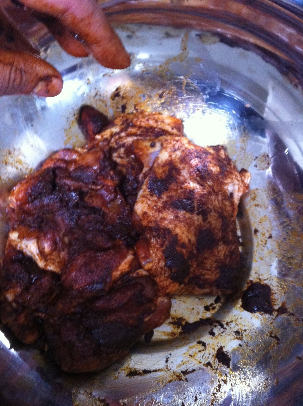 Toss the de-boned thighs with the marinade. Get your hands dirty, it's the only way :) Set aside while you do the rest.