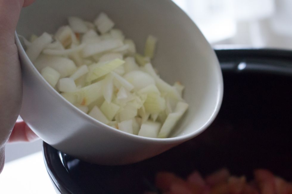 Toss the diced onions into the crockpot.