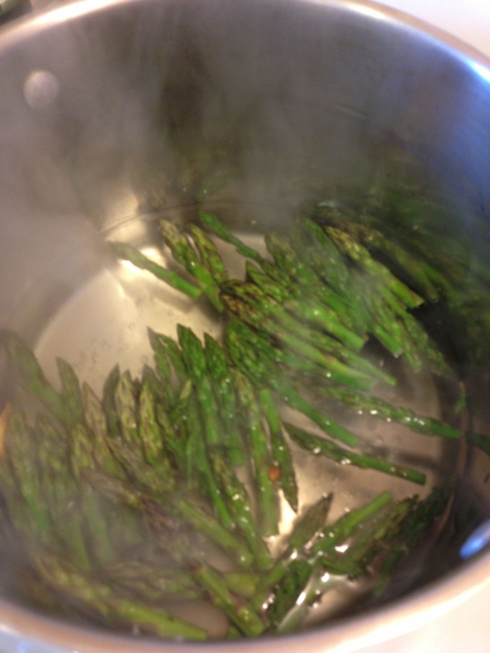 Toss the spears that you saved in the pot of boiling water, make sure you salt the water just a bit! Let the asparagus go for about 3-4 minutes, just enough to heat through, but keep that nice crunch!