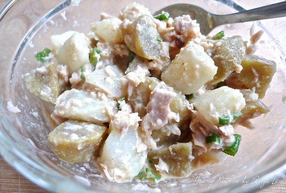 Toss to combine the dressing with the potato tuna mixture.