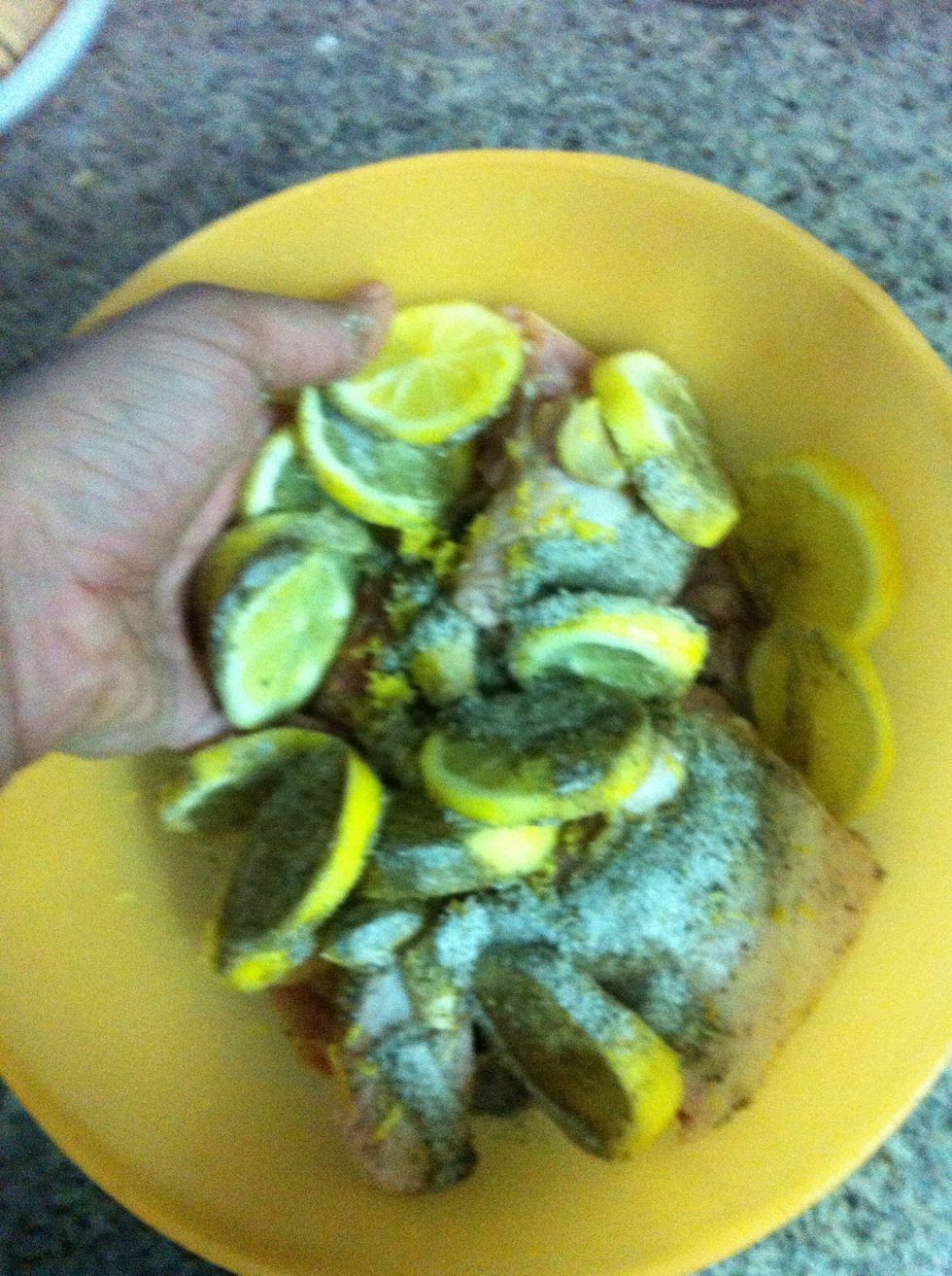 Toss to mix. Make sure every peice of chicken gets entirely mixed with the seasonings. WASH HANDS WITH SOAP AND WATER AFTER TOUCHING RAW CHICKEN!!