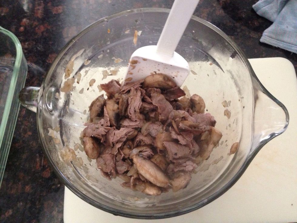 Toss together the warmed beef with mushrooms & onions.