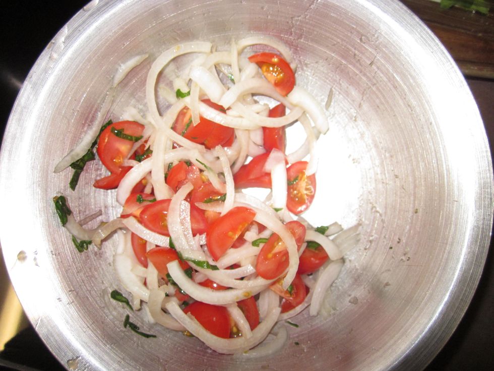 Toss together until combined, mix in the oil and spice mixture, stir until evenly coated