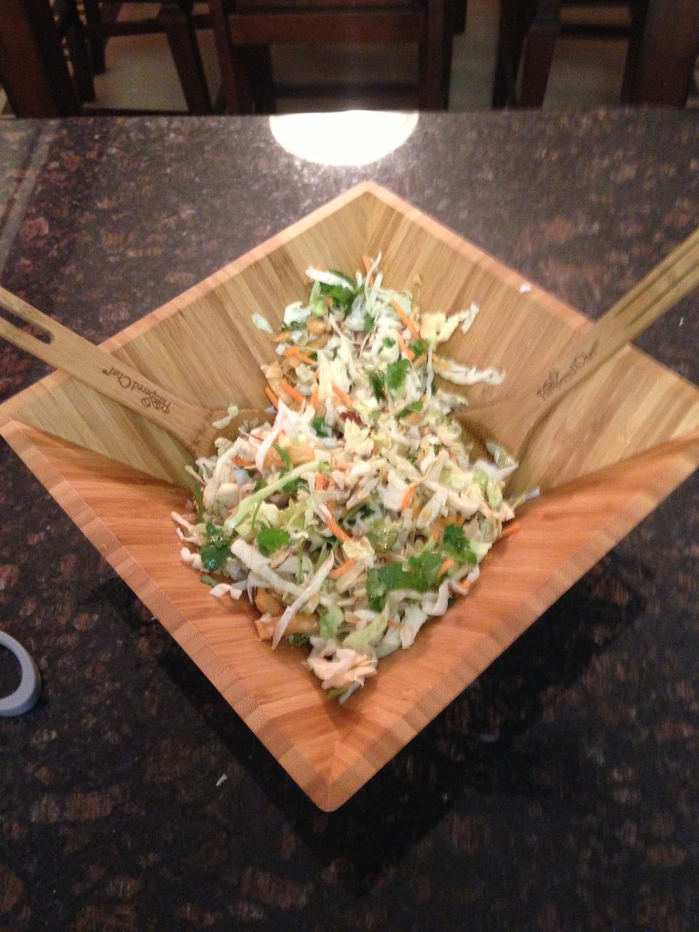 Toss with Salad Tongs. This being a cabbage based salad, let stand for a few minutes to help moisture of the leaves to be released adding moisture & flavor to the salad.