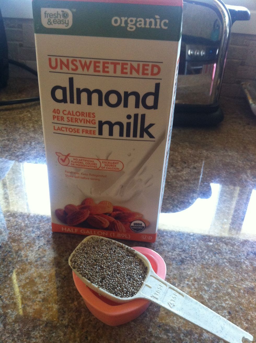 Toss your chia seed and almond milk into blender and allow the chia seed to expand about 5 minutes while you get your other supplies ready!