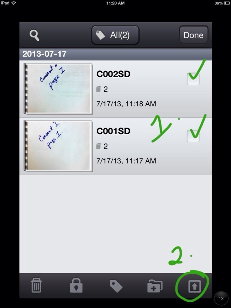 Touch the checkbox of each document you would like to email then touch the Up Arrow button.