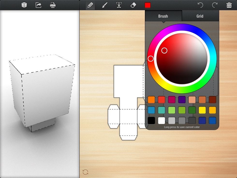 Touch the color selector at the top to choose a color to draw with. Note that the "grid" option colors the entire canvas with one click.