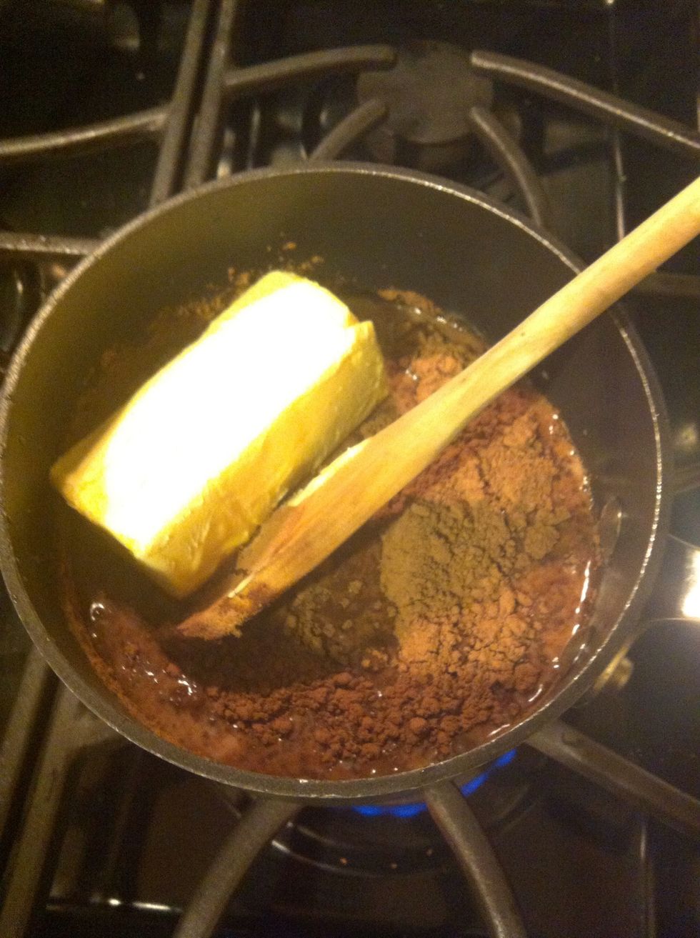 Toward the last 10 minutes of baking, start your chocolate sauce. Similar to the process we did earlier. Melt together your 1/2 cup stick butter, 6 tbsp milk, and 5 tbsp cocoa.