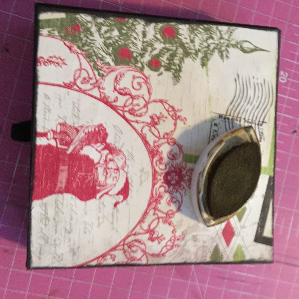 Trace box lid with pencil and cut to shape. Adhere to box and chalk the edges heavily