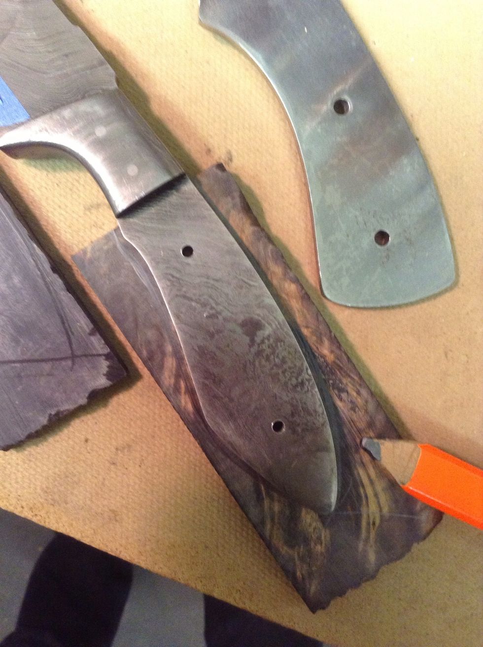 Trace out the handle on your handle material. This is a piece of buckeye burl that I'm using for my knife.