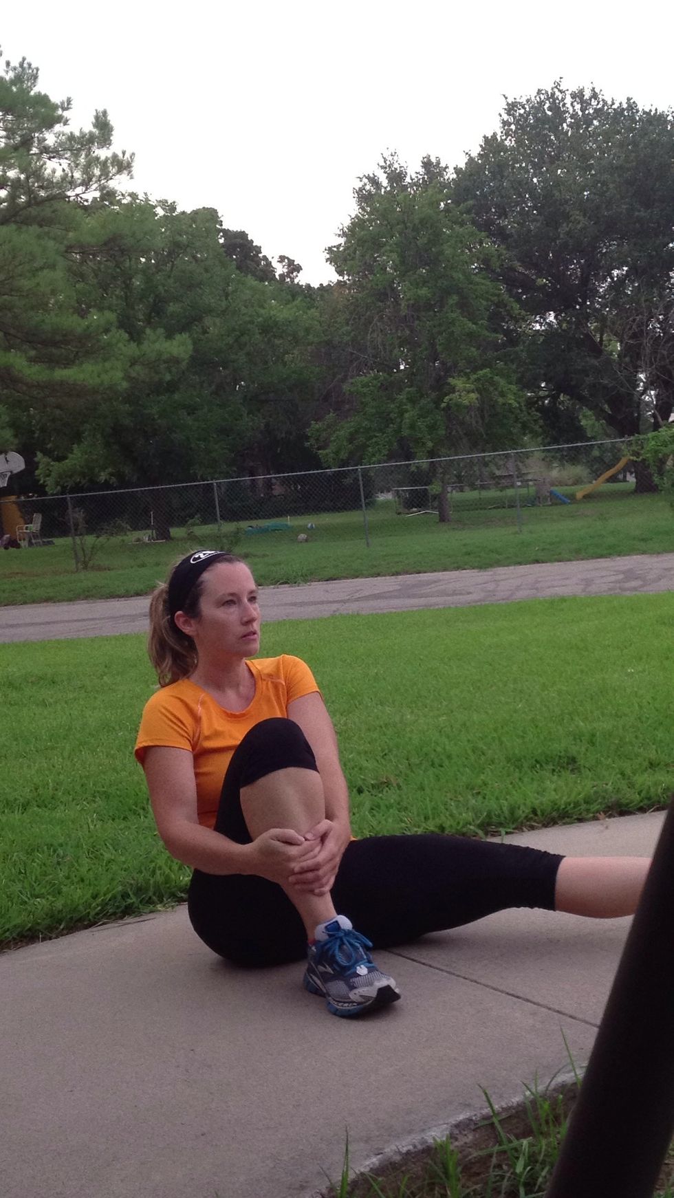 Trade legs again and now spread your leg in and out. If you need to, you can place your arms behind you for stability. Do this 10 times. Change legs and do 10 again.