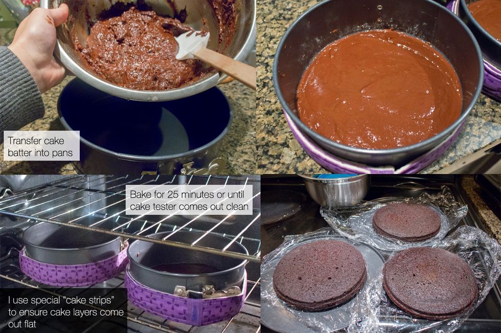 Transfer cake batter to pans, bake for 25 mins or until cake tester comes out clean-set aside. To learn about cake strips: http://annezca.blogspot.ca/2014/12/baking-tip-bake-flat-cakes-every-time.html