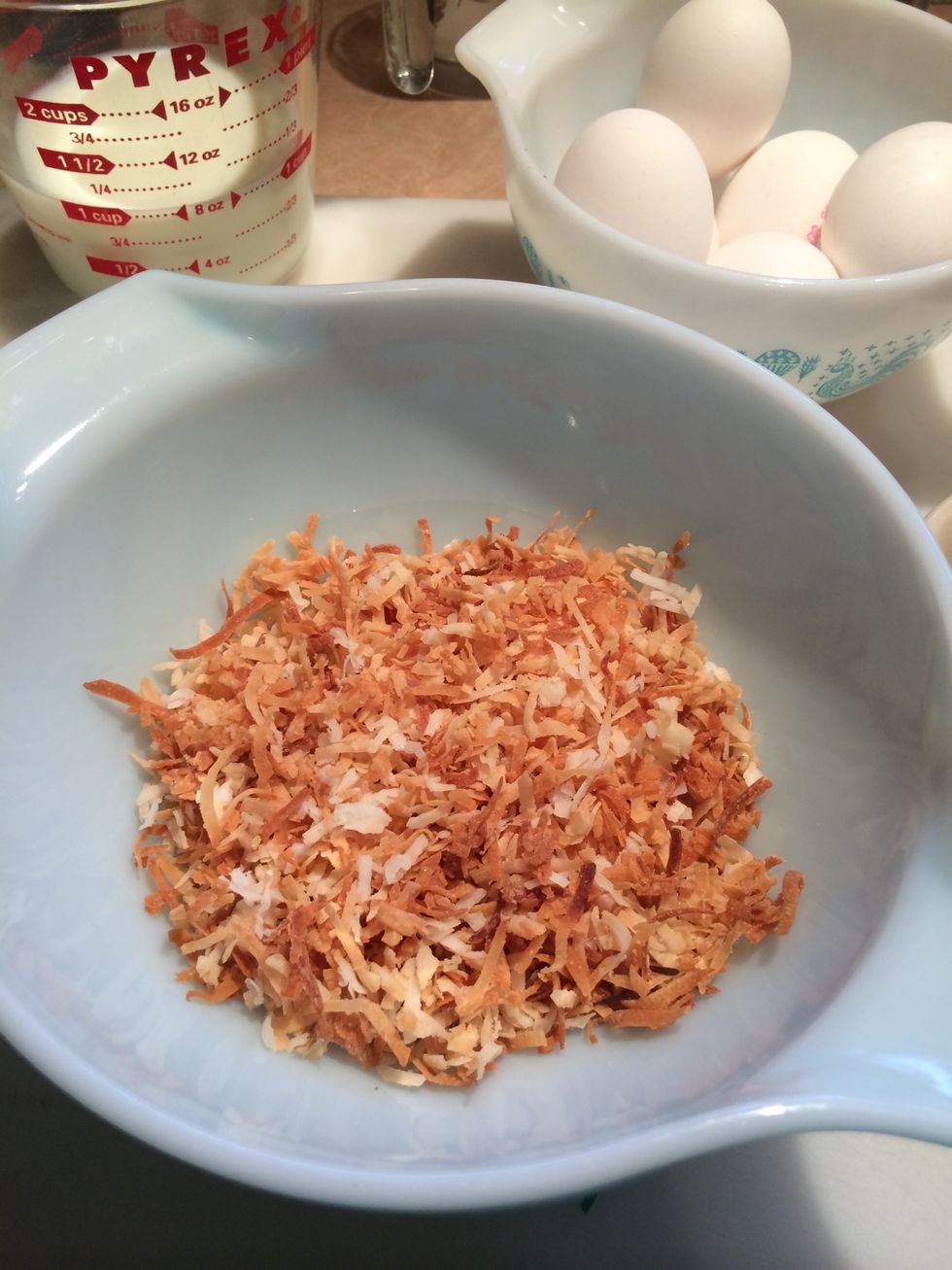 Transfer coconut from baking pan to another container to cool. If using a pizza stone, it is so hot when it comes out of the oven, it continues to toast the coconut.